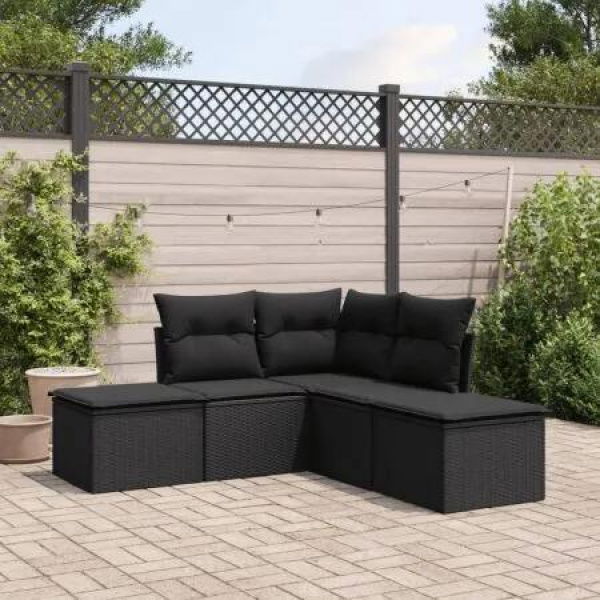 5 Piece Garden Sofa Set with Cushions Black Poly Rattan