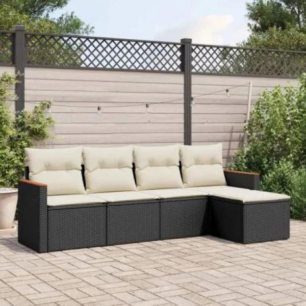 5 Piece Garden Sofa Set with Cushions Black Poly Rattan