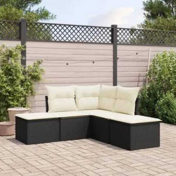 5 Piece Garden Sofa Set with Cushions Black Poly Rattan