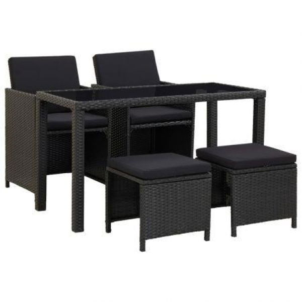 5 Piece Outdoor Dining Set With Cushions Poly Rattan Black