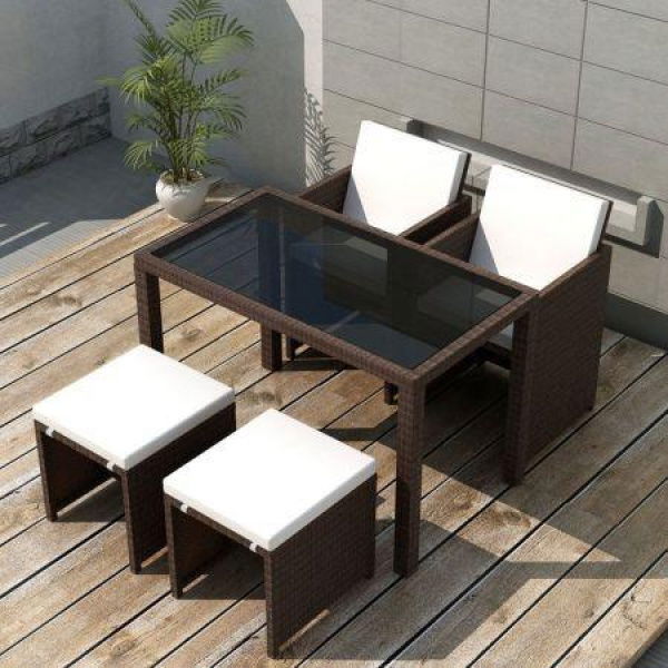 5 Piece Outdoor Dining Set With Cushions Poly Rattan Brown