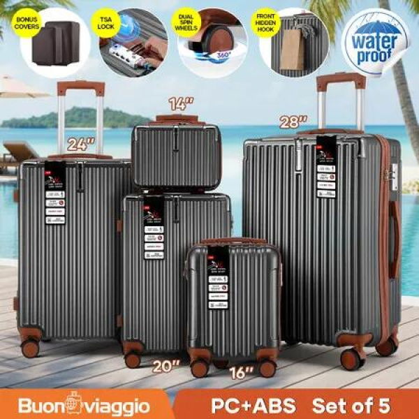 5 Piece Suitcases Luggage Set Carry On Checked Travel Case Cabin Hard Shell Trolley Travelling Bags Hand Baggage Lightweight TSA Lock Front Hook Covers
