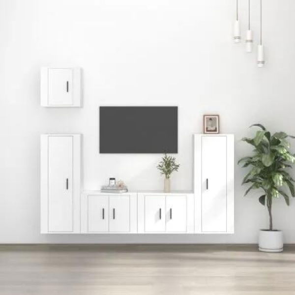 5 Piece TV Cabinet Set White Engineered Wood