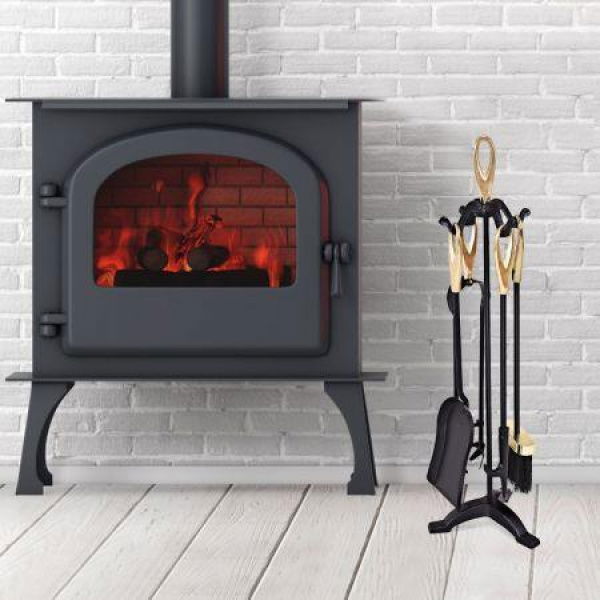 5-Piece Iron Fireplace Set With Broom Shovel Poker Tongs And Stand.