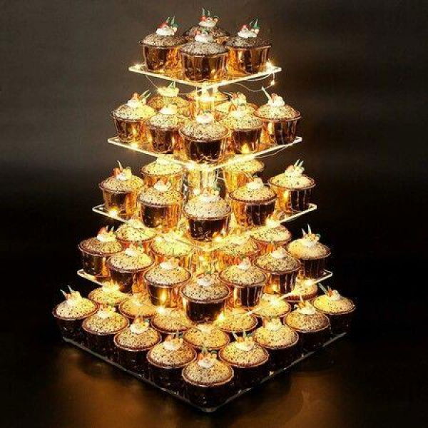 5 Tier Cupcake Holder Square Acrylic Cupcake Tower Display For Pastry LED Light String Ideal For Weddings Birthday