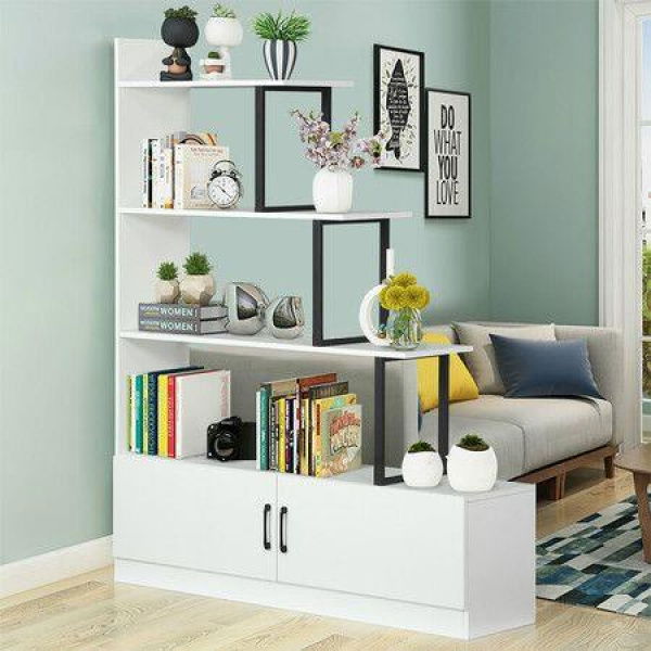 5 Tier Ladder Bookshelf Bookcase Storage Cube Rack Cabinet Display Shelf Unit With 2 Doors