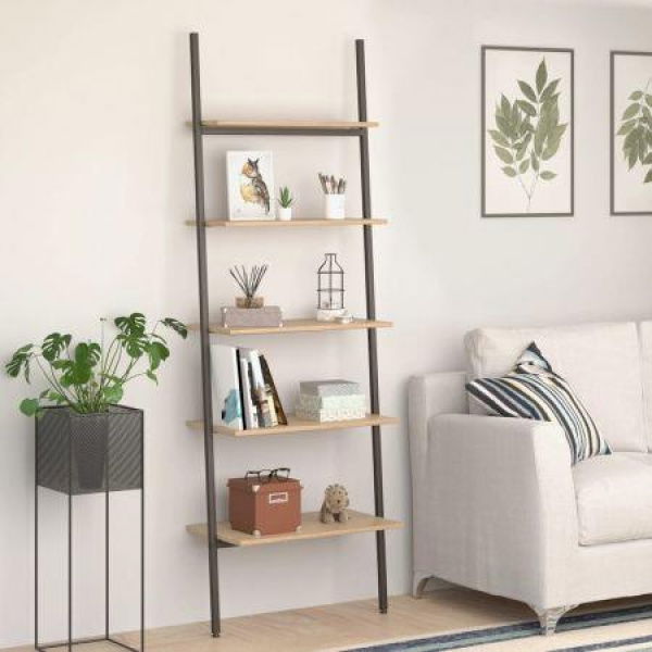 5-Tier Leaning Shelf Light Brown And Black 64x34x185.5 Cm.