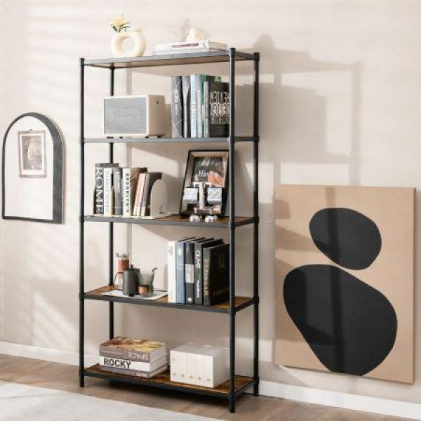 5-Tier Tall Bookshelf With Rustic Wood Grain & Heavy-duty Metal Frame For Home Office.