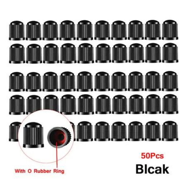 50 Pcs Tire Stem Valve Caps, with O Rubber Ring, Universal Stem Covers for Cars, Bike, Black