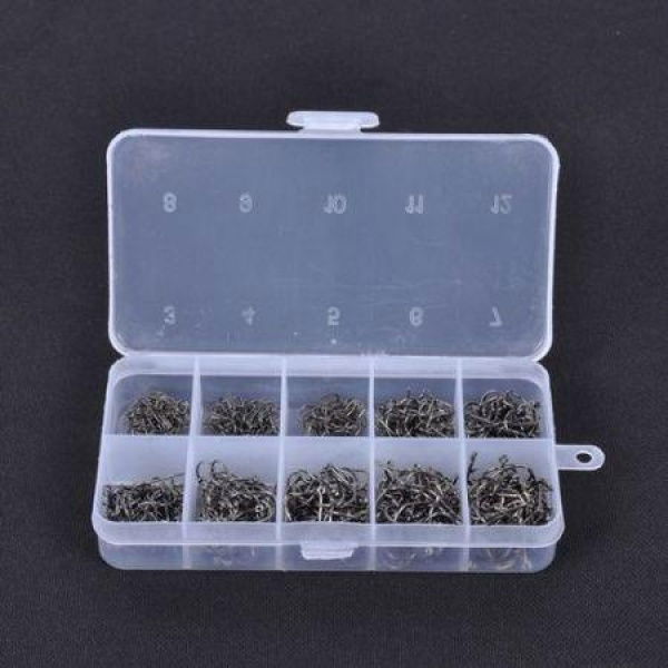 500 Pcs Fish Jig Hooks With Hole Fishing Tackle Box 3#-12# 10 Sizes Carbon Steel Black.