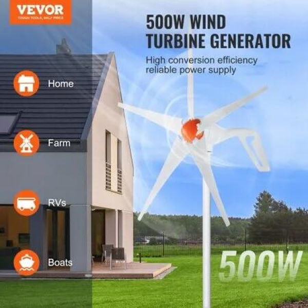 500W Wind Turbine Generator 12V Wind Turbine Kit 5-Blade Wind Power Generator with MPPT Controller Adjustable Windward Direction & 2.5m/s Start Wind Speed