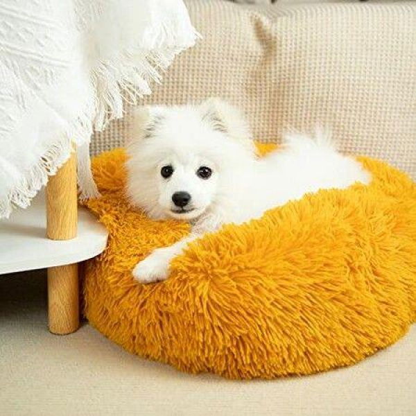 Please Correct Grammar And Spelling Without Comment Or Explanation: 50cm Calming Donut Dog Bed Anti-Anxiety Round Fluffy Plush Machine Washable Cuddler Pet Bed Col. Orange.