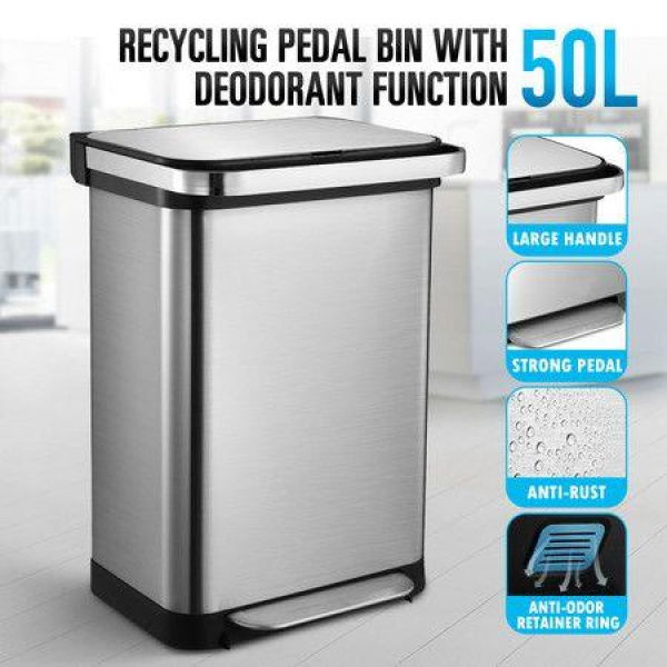 50L Rubbish Bin Dustbin Kitchen Trash Can Pedal Recycling Bins Waste Garbage Household Stepbin Stainless Steel