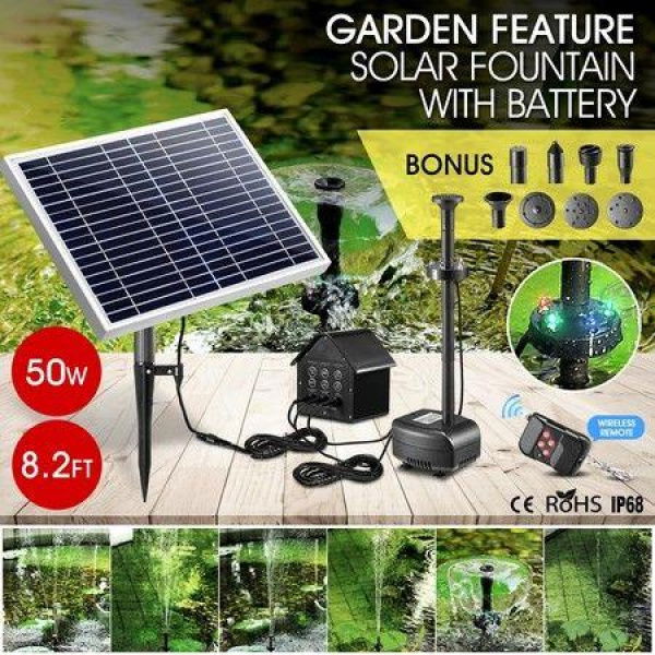 50W Solar Fountain Water Pump With Battery And LED Light For Birdbath Garden Pool