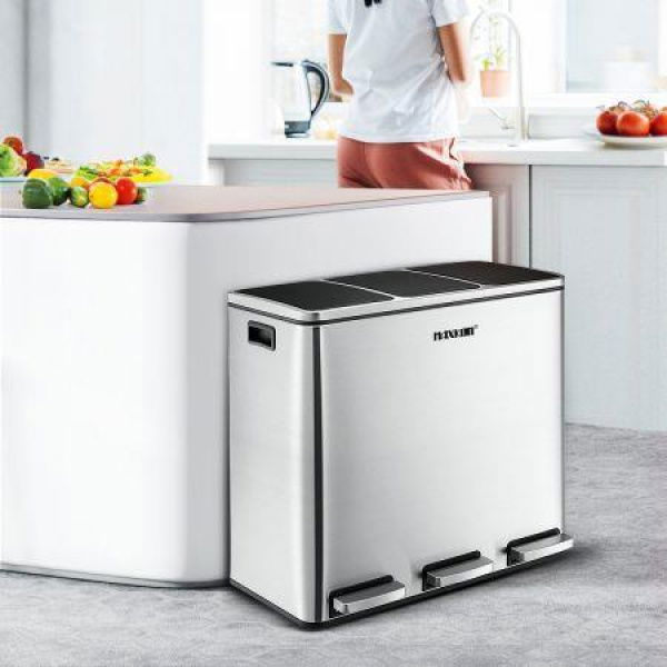 54L 3-Tri Compartment Kitchen Pedal Rubbish Bin Recycling Trash Waste Can Good Sealing With Rubbish Bag.