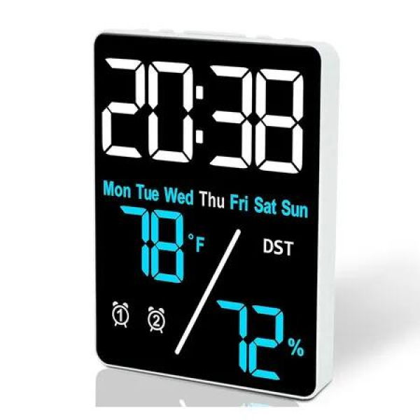 5.5 inch Digital Alarm Clock, Indoor Humidity and Temperature Measurement with LED Display, Adjustable Brightness Clock with Dual Alarms USB Input, Blue