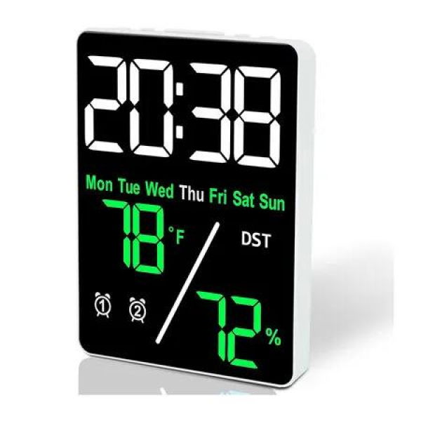 5.5 inch Digital Alarm Clock, Indoor Humidity and Temperature Measurement with LED Display, Adjustable Brightness Clock with Dual Alarms USB Input, Green