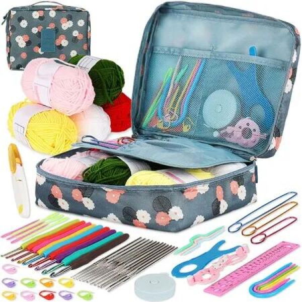 58-Piece Complete Crochet Kit Set with Yarn, Hooks, Ergonomic Soft Grip and Travel Case