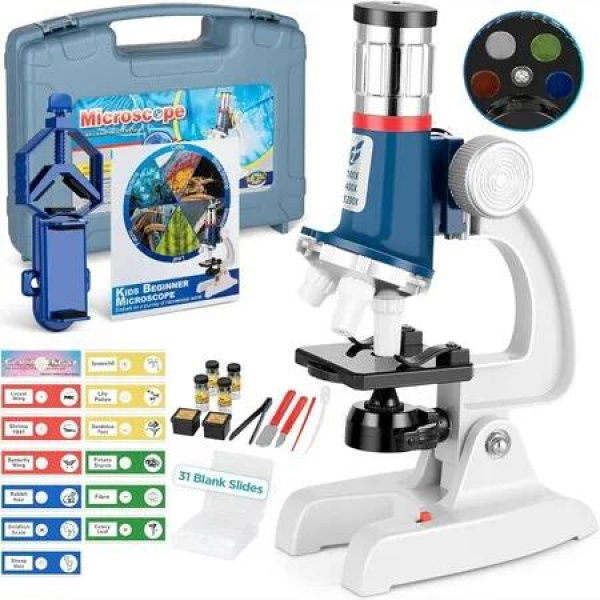 58-Piece Kids Microscope Kit 100X-1200X Magnification with LED Light,Carrying Box Science Experiment Toy for Boys Ages 5-12