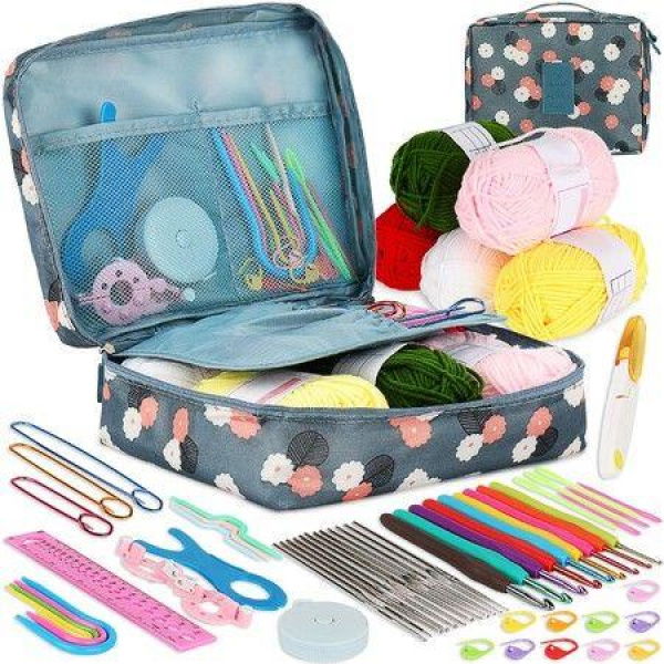 58PCS Portable Crochet Kit Beginners Crochet Set With Crochet Yarn Crochet Hooks Ergonomic Soft Grip Lace Crochet Hooks Travel Case Full Knitting Crochet Supplies