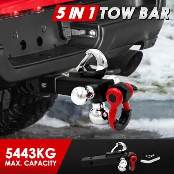 5in1 Tow Bar Ball Mount Trailer Hitch Receiver Tongue Hook D Shackle 5443kg Fit 50mm 4WD Car Towing Caravan Boat Camper ATV Truck Heavy Duty