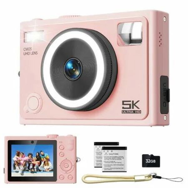 5K 64MP Compact Digital Camera,Dual Lens 2.8inch IPS HD Screen Autofocus Cameras,Large Flash Beauty Filter 18X Zoom Travel Video Vlogging Camera,Pink