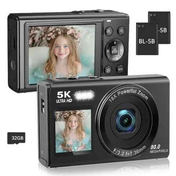 5K 80MP Digital Camera with Fill Light & 16X Zoom Dual Screen Vlogging Camera,WiFi,32GB TF Card,2 Batteries,2.8In LCD