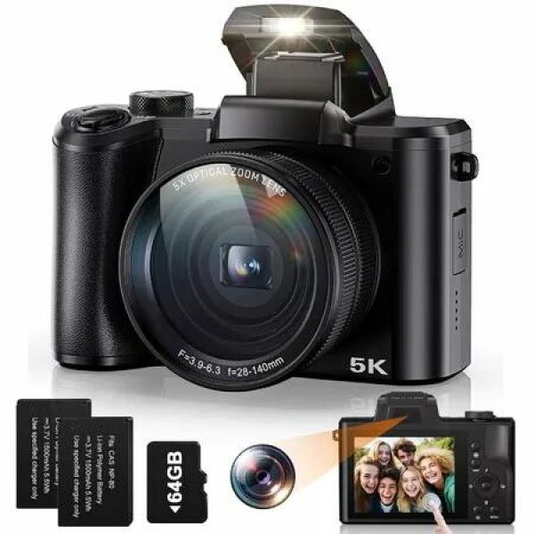 5K Digital Camera 5X Optical Zoom Cameras,64MP Front and Rear Dual Cameras and 3.2In Touch Screen,6-Axis Stabilization Vlogging Camera,64G TF Card