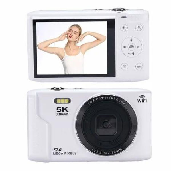 5K Digital Camera 72MP HD Digital Cameras For Photography,Autofocus Point with Flash,2.8inch Screen,16X Zoom,For Travel Vlogging Camaras Color White