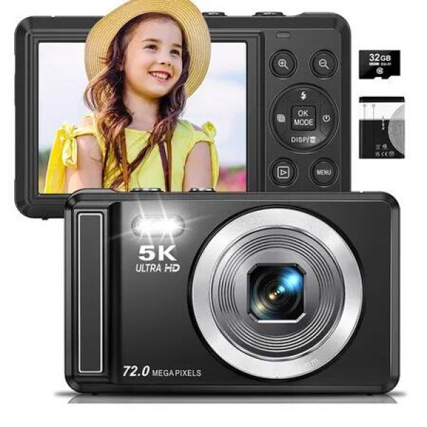 5K Digital Camera, 72MP UHD Digital Cameras for Photography, Autofocus Point and Shoot Small Camera with Flash for Boys Girls, 32GB SD Card, Black