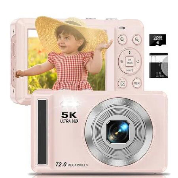 5K Digital Camera, 72MP UHD Digital Cameras for Photography, Autofocus Point and Shoot Small Camera with Flash for Boys Girls, 32GB SD Card, Pink