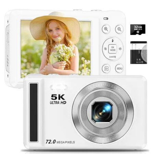 5K Digital Camera, 72MP UHD Digital Cameras for Photography, Autofocus Point and Shoot Small Camera with Flash for Boys Girls, 32GB SD Card, White