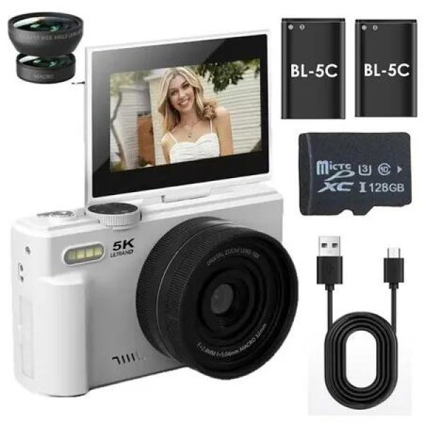 5K Digital Camera for Photography UHD Autofocus WiFi 75 MP 3 Inch 180 Degree Flip Screen 18X Zoom Compact Point Shoot Vlogging Camera(White)