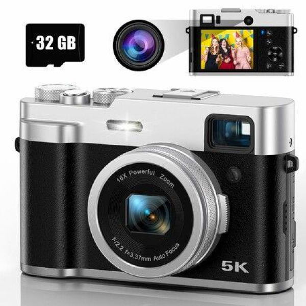 5K Digital Camera with Front and Rear Cameras,Retro Camera with Viewfinder,Autofocus UHD Vlogging Camera,6-Axis Anti-Shake Selfie Camera Recorder with 32GB SD Card