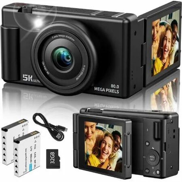 5K Digital Camera,Autofocus 64MP with 18X Digital Zoom 3In 270 Degree Flip Screen Dual-Lens Selfie Camera,2 Batteries,32GB Card,Black