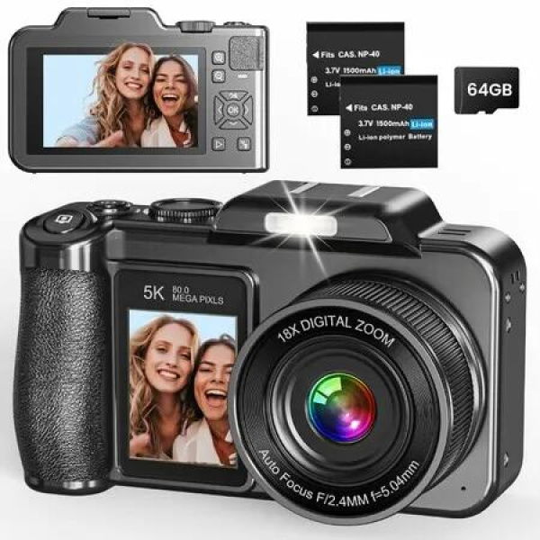 5K Digital Camera,Cameras for Photography with Autofocus,80MP Vlogging Camera with Dual Screens,18X Digital Zoom,64GB Card,2 Batteries