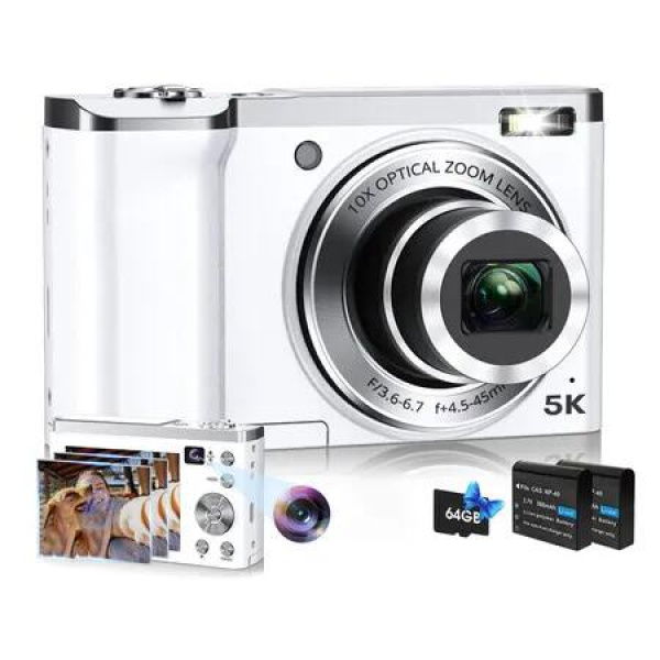 5K Digital Photography Camera 56MP Autofocus Vlogging Touchscreen 10X Zoom 6 Axis Anti Shake Compact 64GB SD Card Dual Lens 2 Batteries