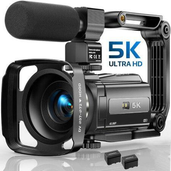 5K Video Camera Camcorder,48MP UHD Wifi IR Night Vision Vlogging Camera,16X Digital Zoom,Vlog Camera,Lens Hood,Stabilizer,Remote,2 Batteries