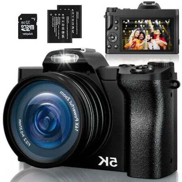 5K WiFi Vlogging Digital Camera with with 32G SD Card,48MP Autofocus 6-Axis Stabilization,16x Zoom,and Batteries