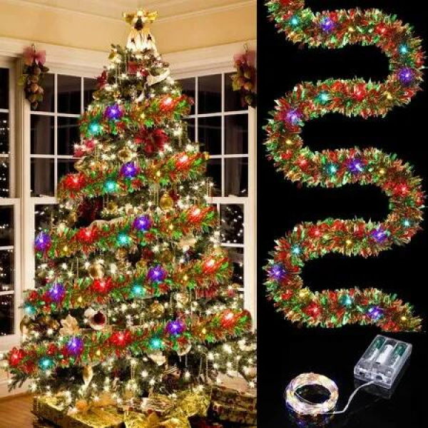 5M 50 LED Lights Christmas Tinsel Garland Christmas Tree Garland Hanging Xmas Tinsel Garland for Home Decor Colorful Light