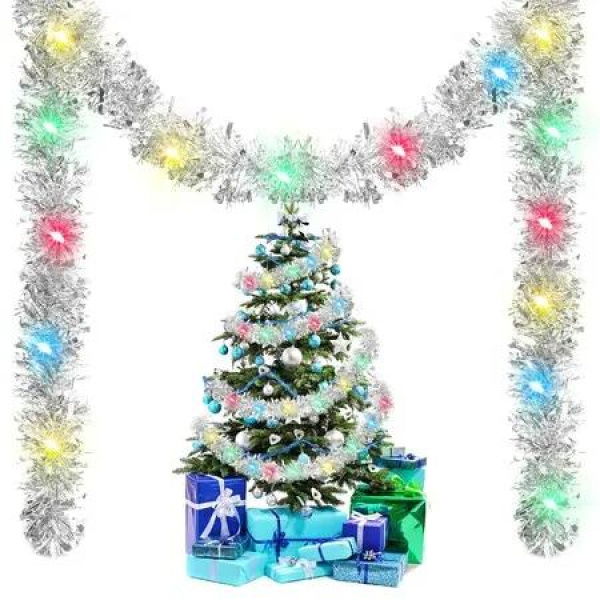 5M Christmas Lighted Garland Tree Decoration Prelit Tinsel Battery Operated 50 LED Christmas Multicolor for Xmas Home(Silver)