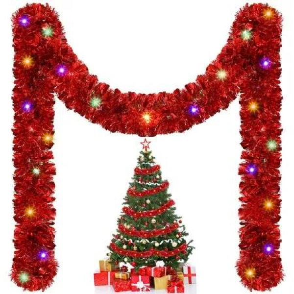 5M Christmas Lighted Garland Tree Decoration Prelit Tinsel Battery Operated 51 LED Christmas Multicolor for Xmas Home(Red)