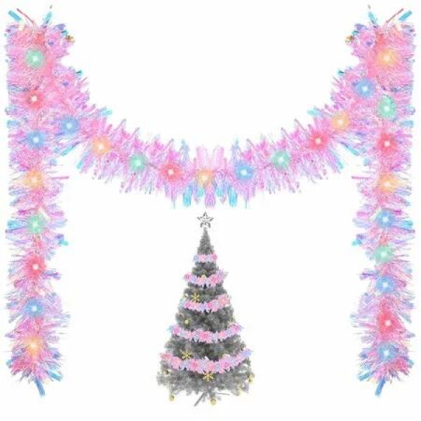 5M Christmas Lighted Garland Tree Decoration Prelit Tinsel Battery Operated 53 LED Christmas Multicolor for Xmas Home(Pink)