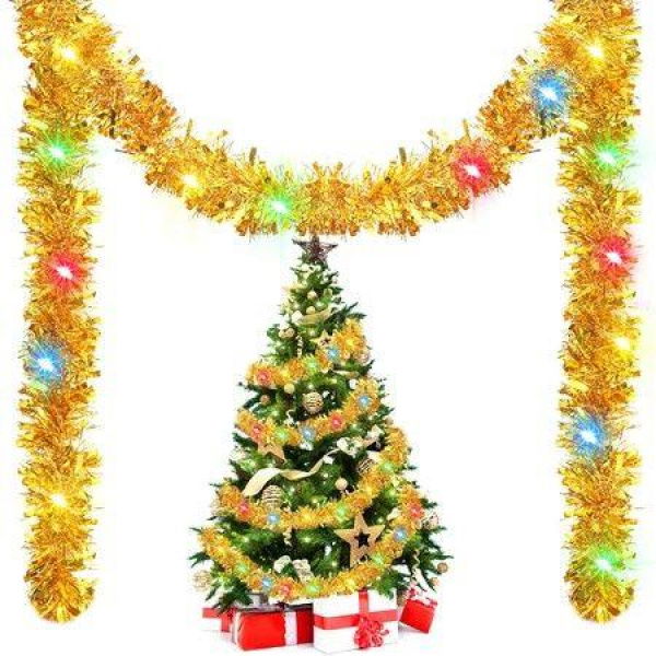 5M Christmas Tinsel Garland Metallic With 50 LED Lights Hanging Foil Tinsel Garland For Christmas Tree Wedding Party Supplies Col. Red.