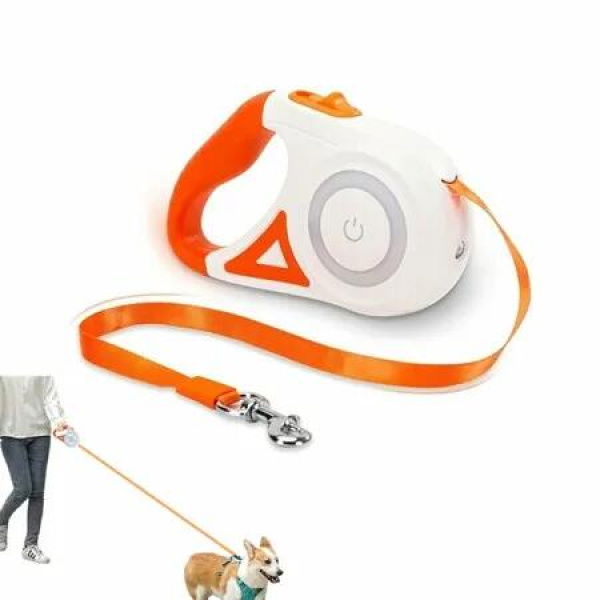 5m Retractable Dog Leash with Flashlight Safety Led Light,Anti-Slip Handle for Dogs,360 Degree Tangle-Free,One Button Brake Lock Color Orange