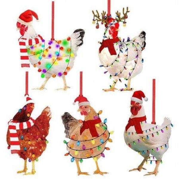 5pcs Acrylic Christmas Chicken Ornament Funny Rooster Hens with Scarf Decor Tree Hanging Ornaments Christmas Decorations for TreeCar Pendant