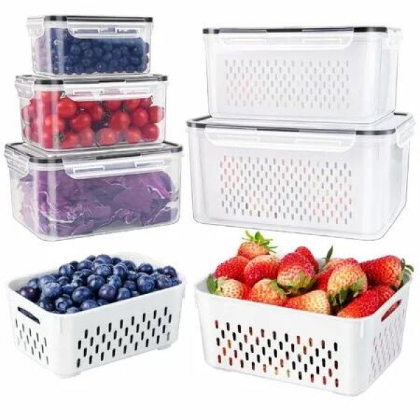 5PCS Large Fruit Containers for Fridge,Leakproof Food Storage Containers with Removable Colander,Dishwasher Microwave Safe Produce Containers Keep Fruits,Vegetables,Berry,Meat Fresh longer