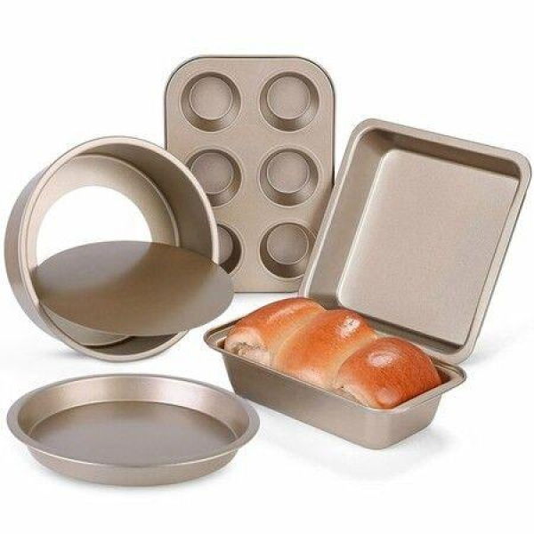 5Pcs Nonstick Bakeware Set Baking Tray Ovenware Sheet Kit With 6-Cup Muffin Pan Square Pan Loaf Pan Pizza Pan Live Bottom Round Cake Pan