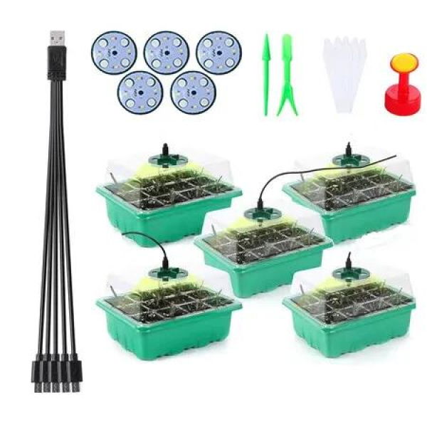 5pcs Seedling Tray With Led Grow Lights Plant Seed Starter Tray Kit Greenhouse Growing Trays With Holes Color Green