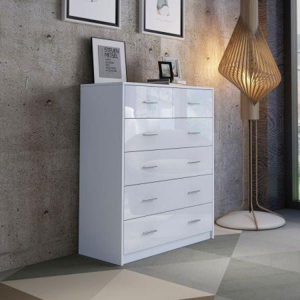 6 Chest Of Drawers Tallboy Dresser Table High Gloss Storage Cabinet Bedroom Furniture - White